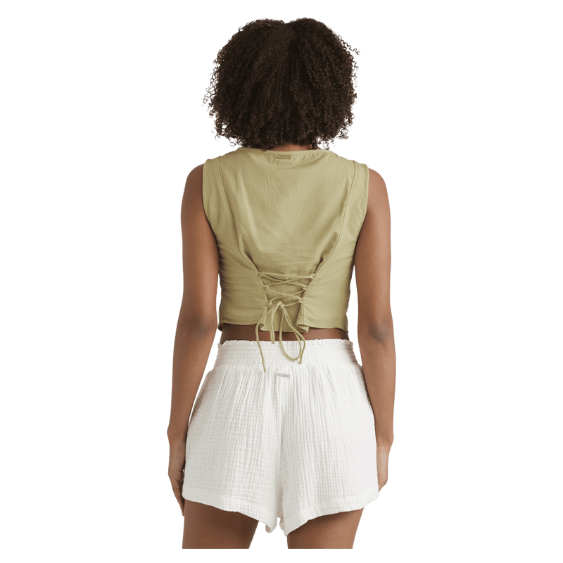Rear view of a woman wearing the Your Crush Shirt - Womens from Billabong in Light Olive. Featuring a corset style woven tie detail.