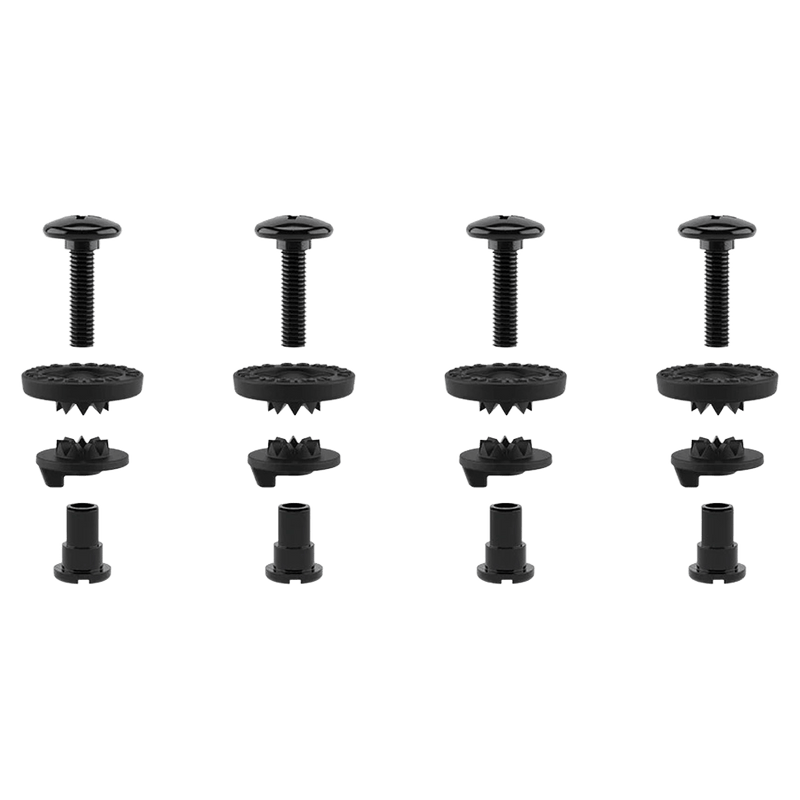 Four sets of black Union Highback to Ankle Strap Hardware screws, washers, and nuts in a vertical exploded view.