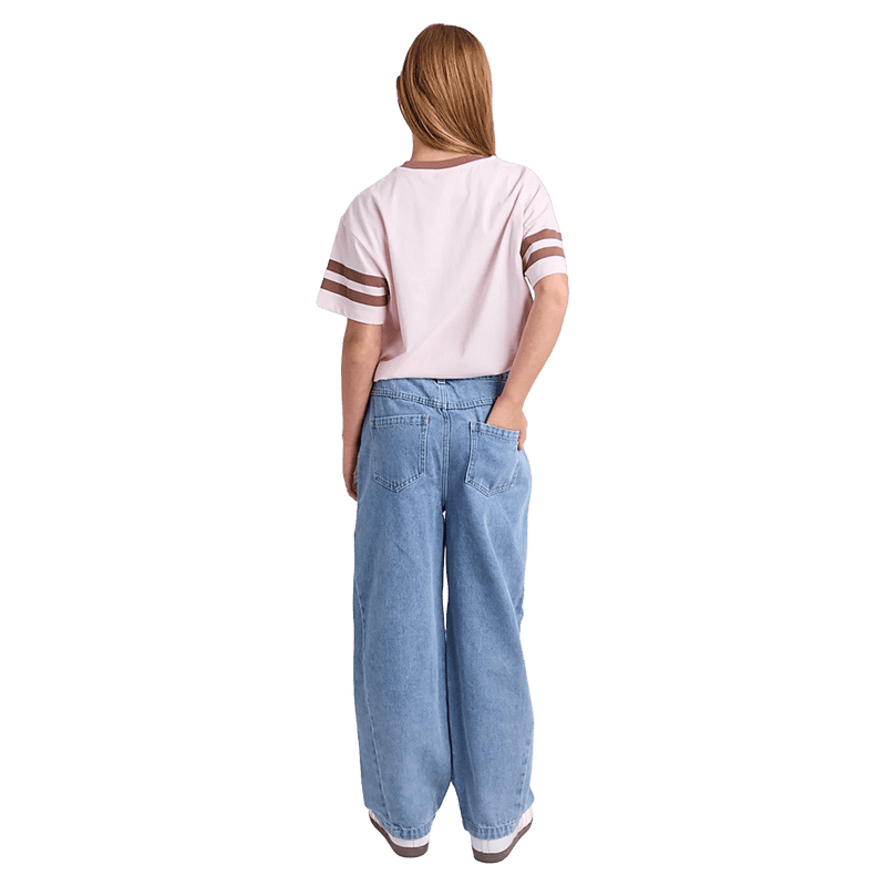 Back view of the Eve Girl Emily Barrel Jean in Blue colourway, kids's model