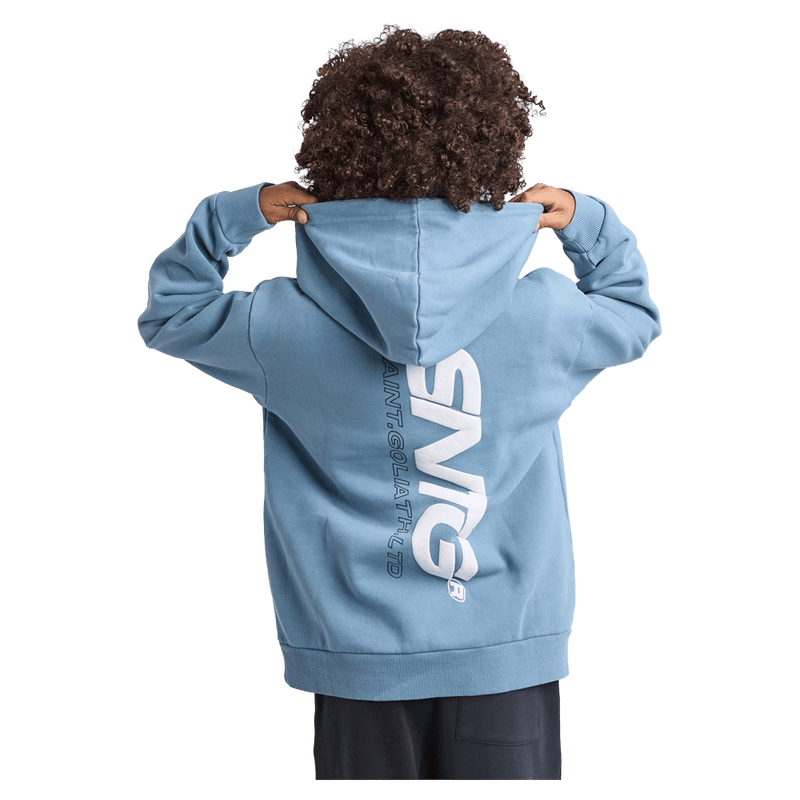 Back view of the St Goliath Challenger Hoodie in Mid Blue colourway, kids's model