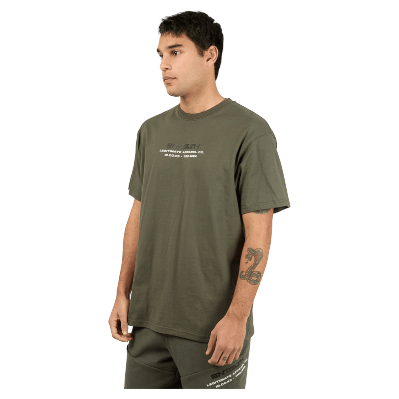 Front view of the St Goliath Sensor Tee in Khaki colourway, men's model