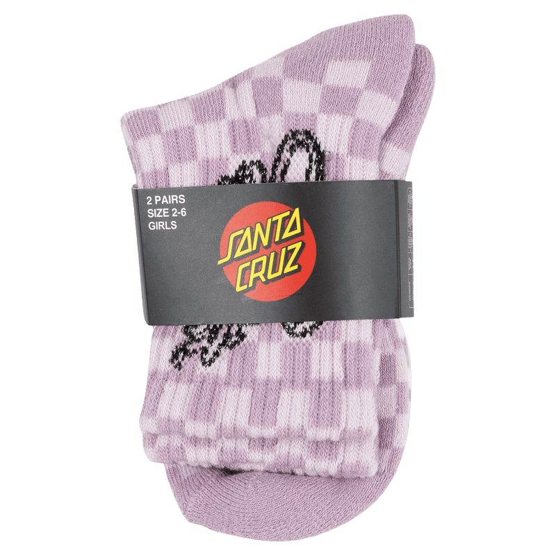 View of the Ribbon Script Checkboard Mid Sock 2 Pack for Kids from Satan Cruz. Featuring a folded pink and white check sock with Santa Cruz grey packaging around the middle