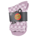 View of the Ribbon Script Checkboard Mid Sock 2 Pack for Kids from Satan Cruz. Featuring a folded pink and white check sock with Santa Cruz grey packaging around the middle