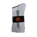 View of the Santa Cruz SC Hollow Strip Sock. Featuring a folded white crew sock with green branding and black packaging wrapped around the middle.