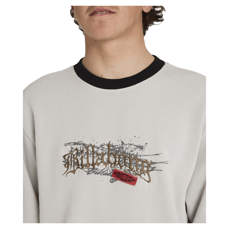 Front close view of man wearing the Billabong Immortal Core Crew Jumper in Fog