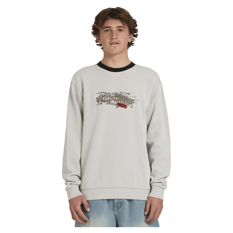 Front view of man wearing the Billabong Immortal Core Crew Jumper in Fog