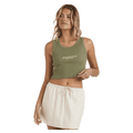 Front view of a woman wearing the Summer Lover Tank - Womens from Billabong in Luv Army. Featuring a scooped neckline, tank cut, ribbed fabric and embroidered branding in white.
