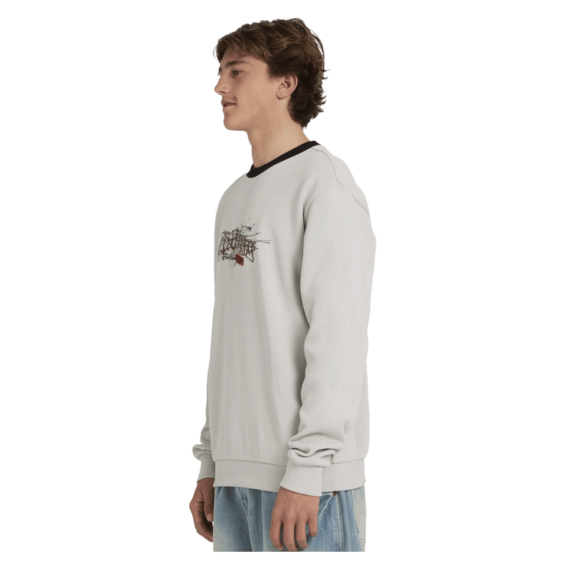 Side view of man wearing the Billabong Immortal Core Crew Jumper in Fog