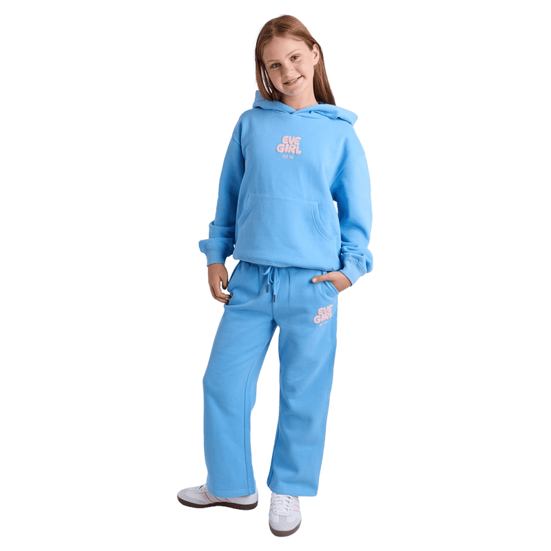 Full-body view of the Eve Girl Sport Club Trackpants in Blue colourway, kids's model
