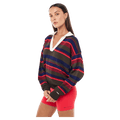 Side view of the PE NATION Retreat Stripe Collar Knit Strawberry Stripe Shirt, 26/27 Womens's model
