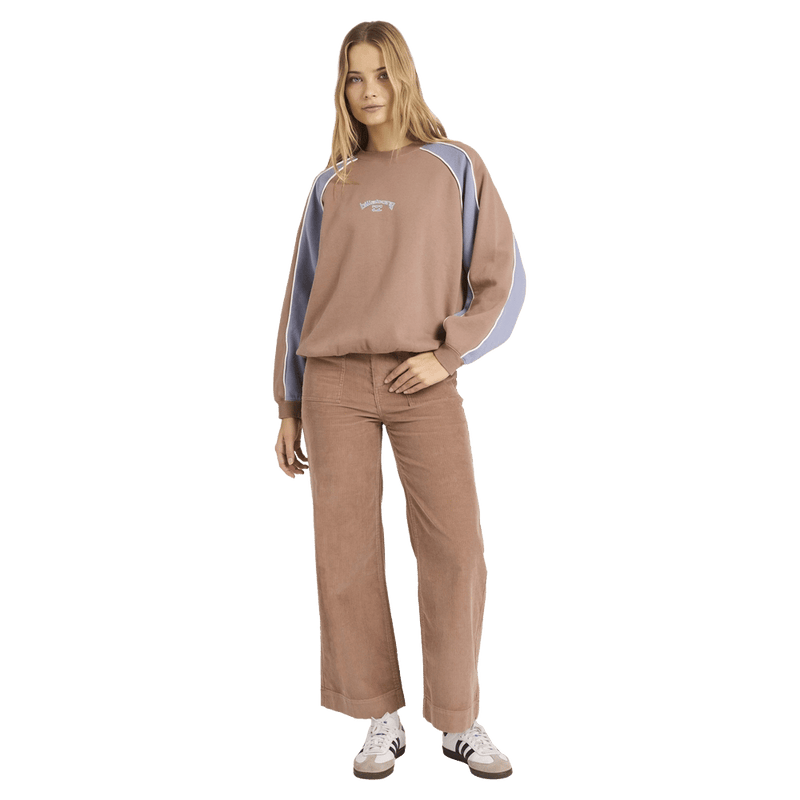 Front view of women wearing the Billabong Cool Times Crew - Womens in Sweet earth