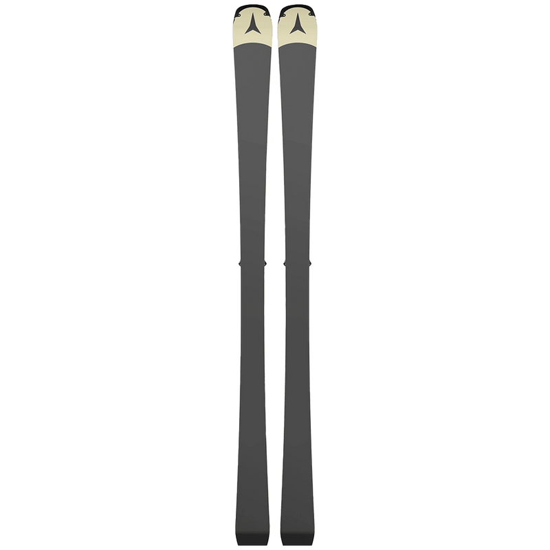 Base view of theAtomic 2027 Redster Q9 Revoshock S Ski with I12 GW Binding, shown as a pair, with a plain black base, pale yellow tips and black branding.