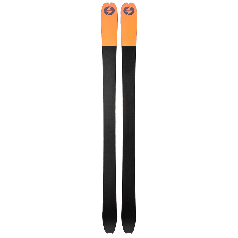 Base view of the Blizzard Zero G 96 Ski featuring a orange tips and black base