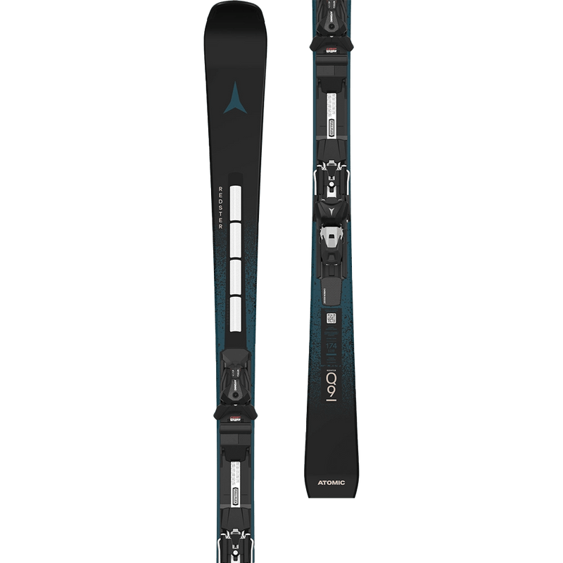 Detailed view of the Atomic 2027 Redster Q9 Revoshock S Ski with I12 GW Binding, featuring a black topsheet with speckled blue detail through the midsection, blue logo at the tips, black and white bindings, and silvery-white branding.