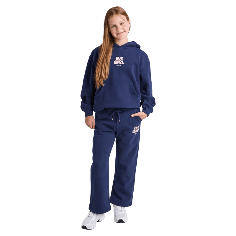 Full-body view of the Eve Girl Sport Club Trackpants in Navy colourway, kids's model