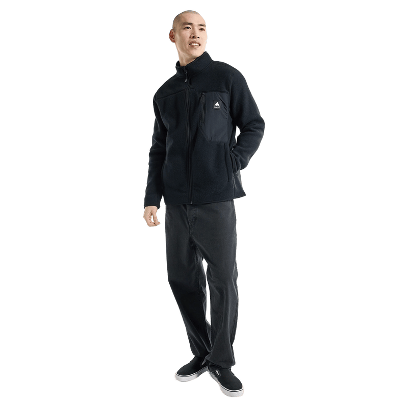 Full-body view of the Burton Cinder Full-Zip Fleece in True Black colourway, unisex's model