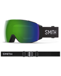 Smith I/O Mag XL goggles with green mirrored lens, black frame, and black strap with white logo.
