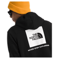Rear view of a man wearing The North Face Evolution Box NSE Hoodie in Black featuring a box logo graphic in white and black.