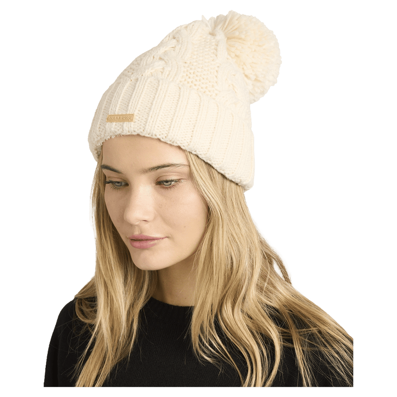 Front view of women wearing the Billabong Cozy Up Beanie - Womens in White Cap