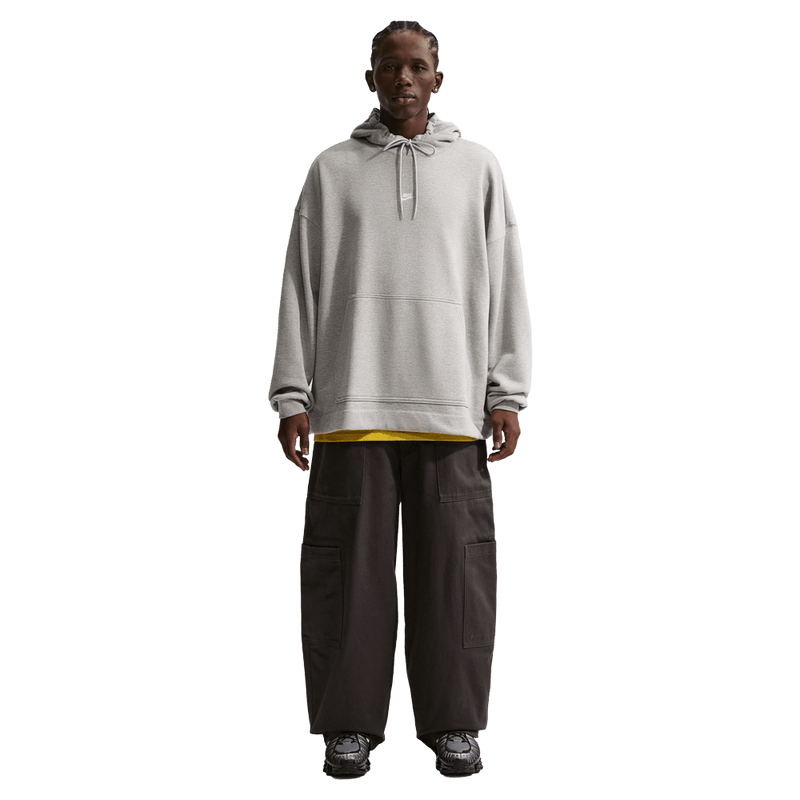 Front view of the Nike Sportswear Club Hoodie in Dark Grey Heather colourway, unisex model