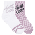 View of the Ribbon Script Checkboard Mid Sock 2 Pack for Kids from Satan Cruz. Featuring a folded pink and white check sock and a white sock with pink stripe detail at the toe, and Santa Cruz branding on the cuff of each in contrast tone.