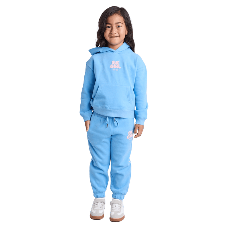 Full-body view of the Eve Girl Sport Club Track Pant in Blue colourway, toddler's model