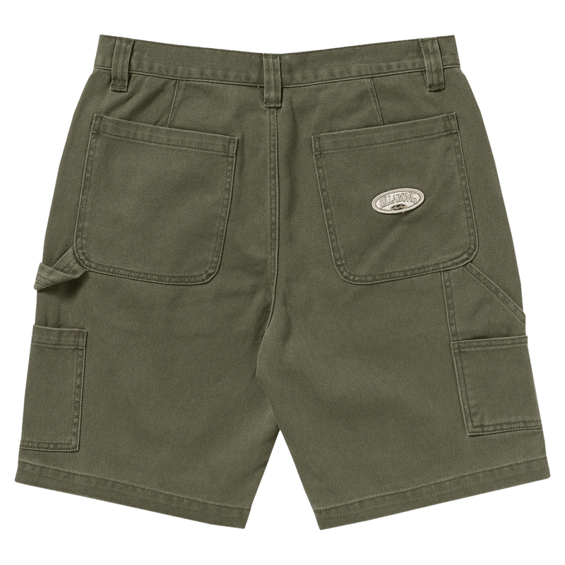 Rear view of the Bad Dog Workwear Shorts from Billabong in Dark Military. Featuring back patch pockets with logo, a utility loop and tool pockets on either side.