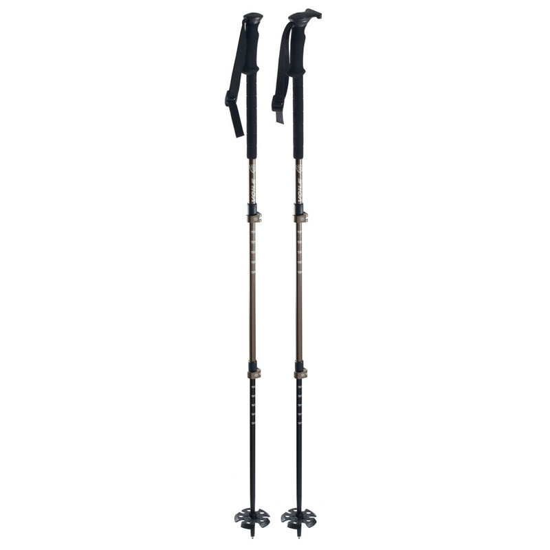 Voile Camlock 3 adjustable ski poles shown exteded with bronze shafts, black foam grips, dual camlocks, and large powder baskets.