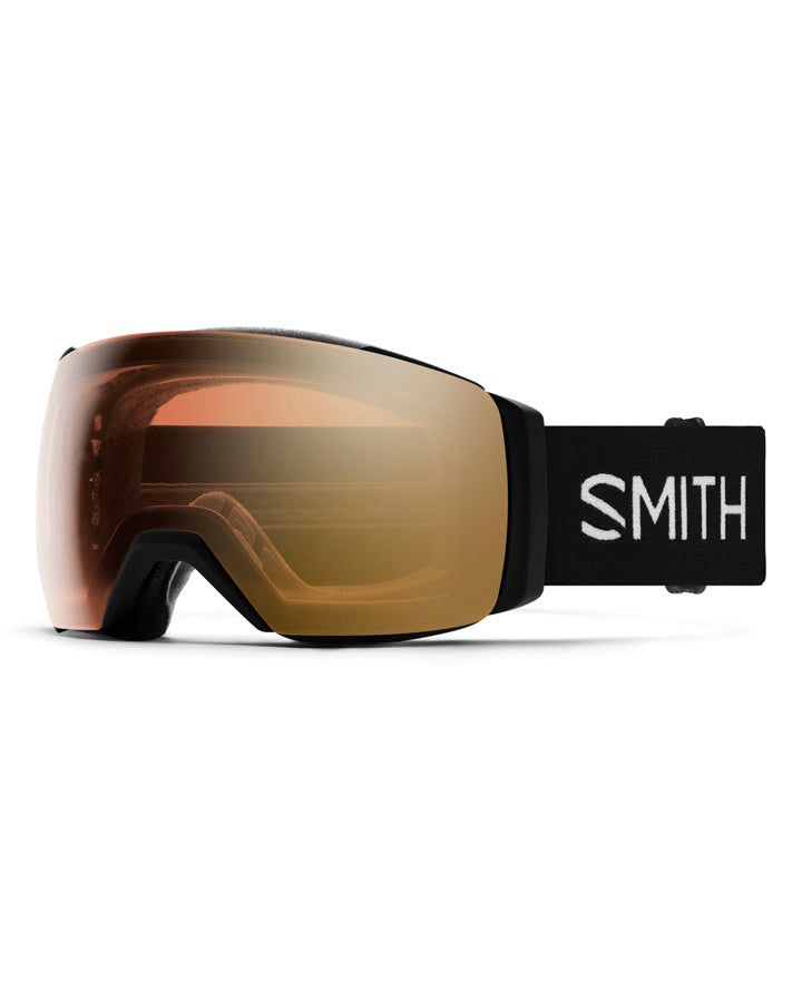 Smith I/O Mag XL ski goggles with a bronze mirrored lens, black frame, and black strap with white logo.