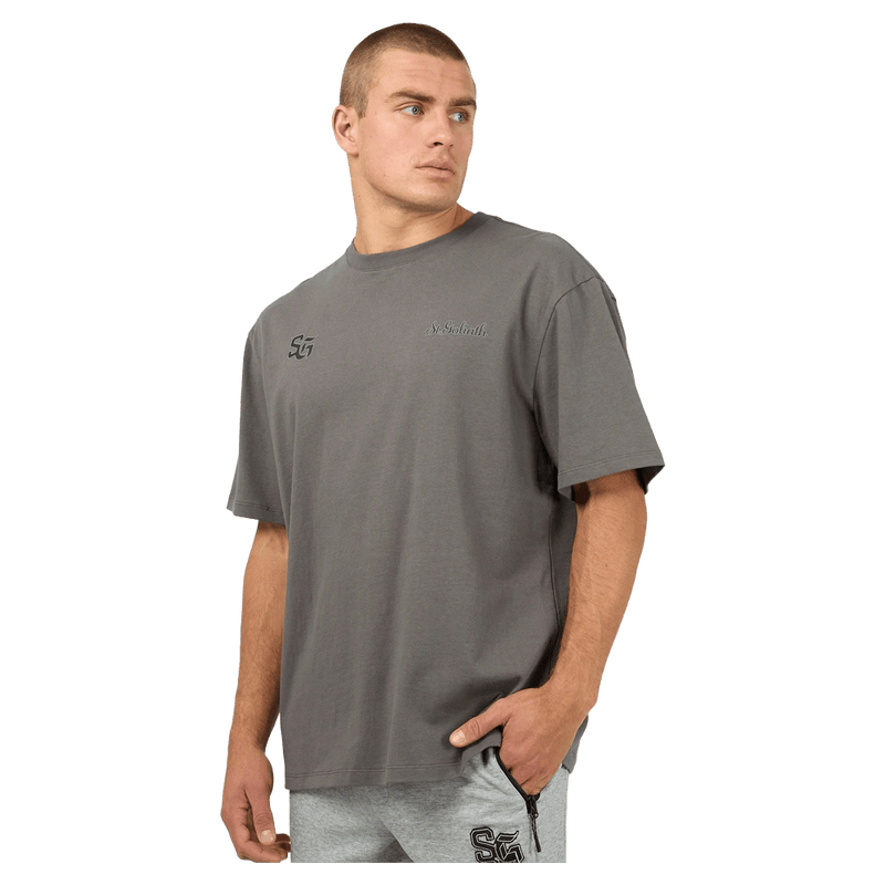 Front view of the St Goliath Interval Tee in Dark Grey colourway, men's model