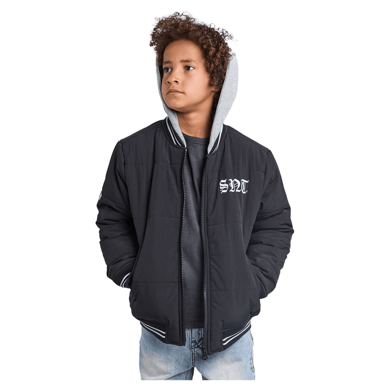 Front view of the St Goliath Global Bomber Jacket in Black colourway, kids's model
