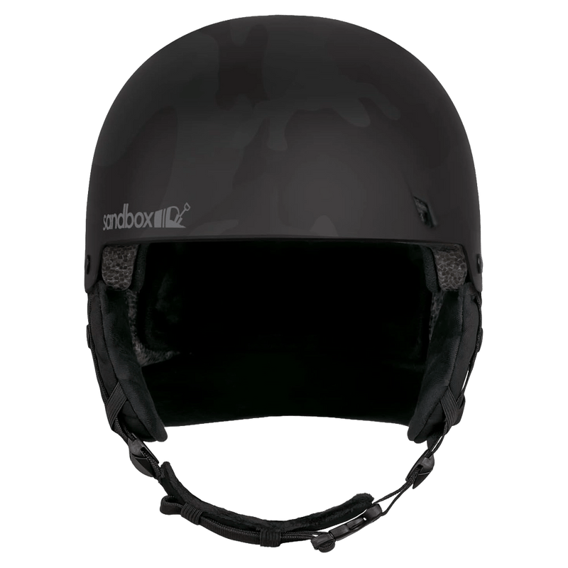 Front view of the Sanbox Icon Snow Mips Helmet in Black Camo colourway, unisex's model