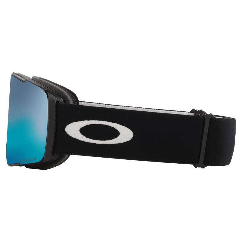 Side view of the Oakley Line Miner Pro XM Goggles in Matte Black, Prizm Sapphire and Iced lens, unisex model