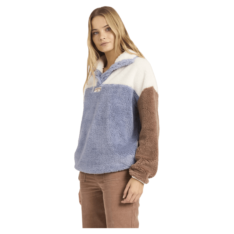 Side view of women wearing the Billabong Vibes Back Pullover - Womens in Low Tide