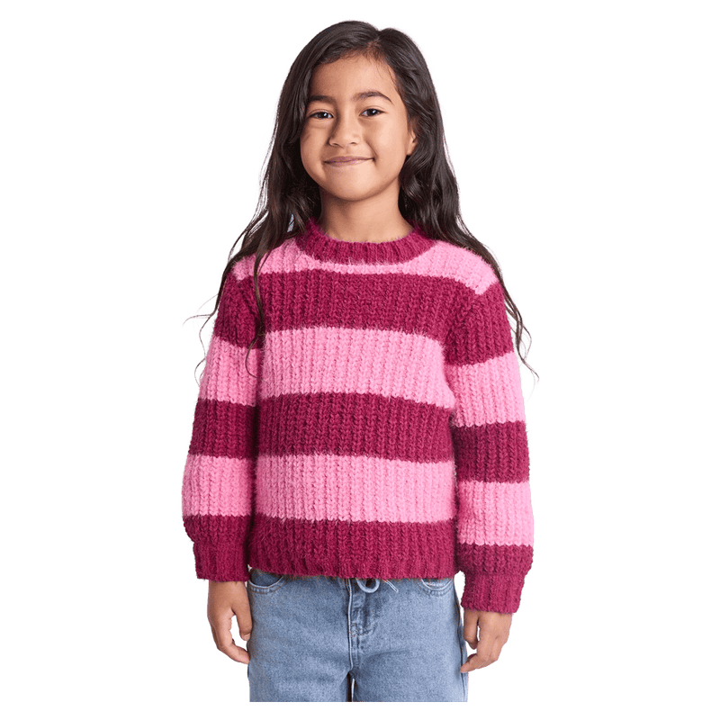 Front view of the Eve Girl Daria Knit Jumper in Canberry colourway, toddler's model