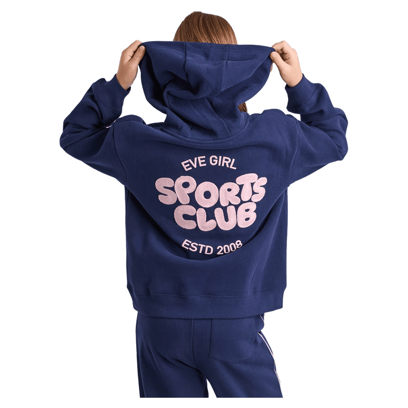 Back view of the Eve Girl Sport Club Hoodie in Navy colourway, girls's model