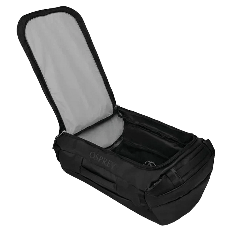 Open view of the OSPREY Transporter Duffel Backpack 65L Black Bags, 26/27 Unisex's model