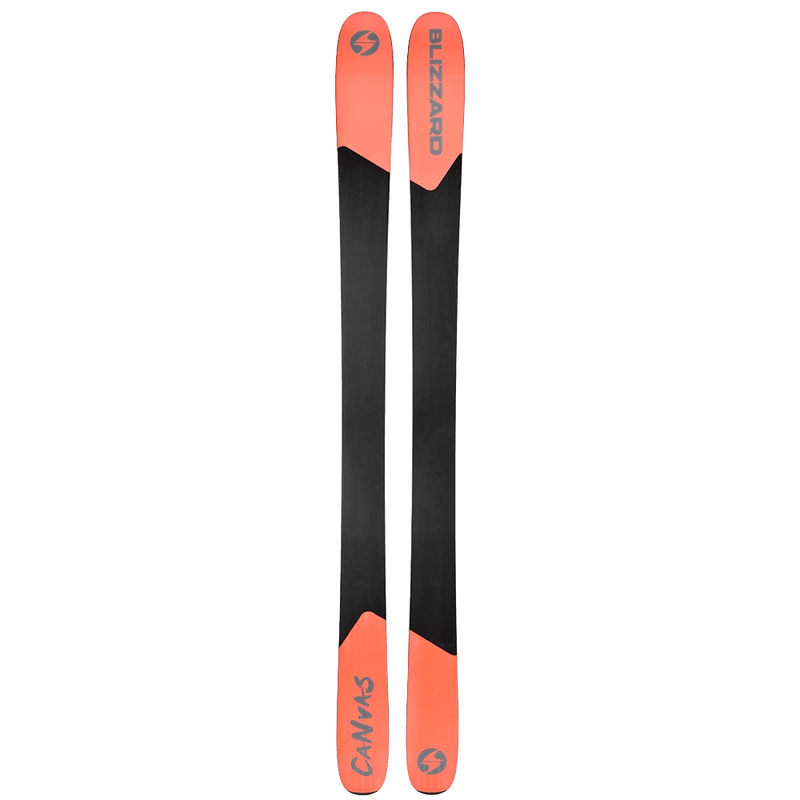 Base view of the Blizzard Canvas 100 Ski 2027, featuring orange tips and tails with a black base through the midsection.