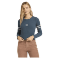Front view of women wearing the Billabong Real Since 73 Sweater in Stormy