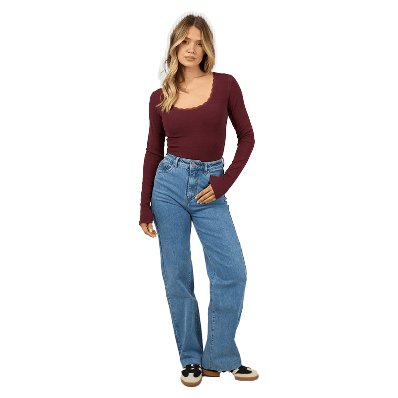 Washed Rib Scoop Neck L/S Tee - Womens