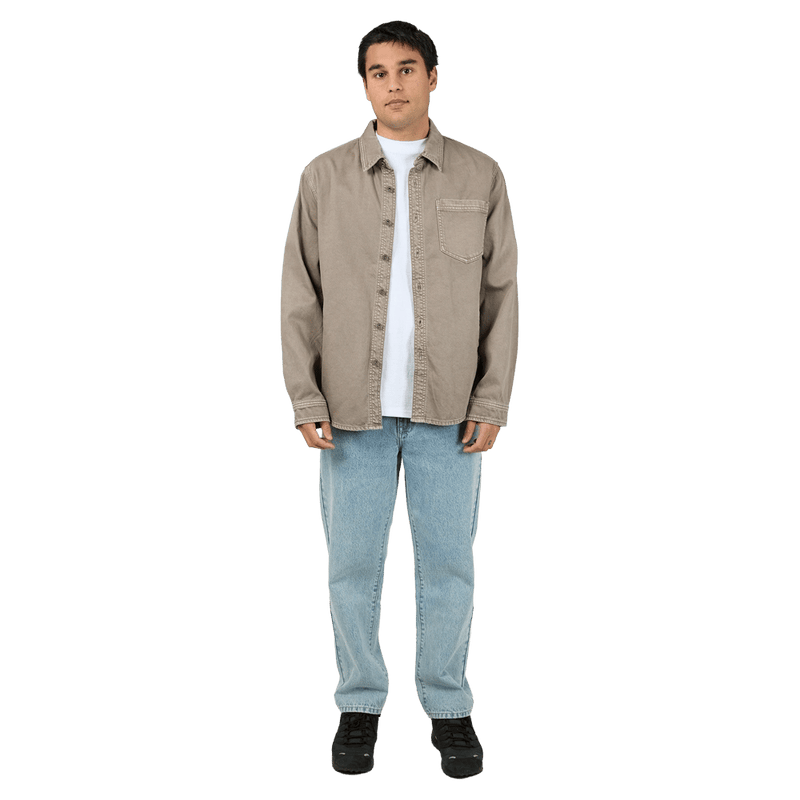 Full-body view of the St Goliath Moab LS Shirt in Mushroom colourway, men's model