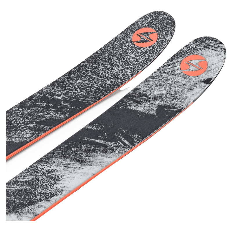 Top view of Blizzard Canvas 100 Ski 2027, black topsheet with sweeping white graphic and orange branding.