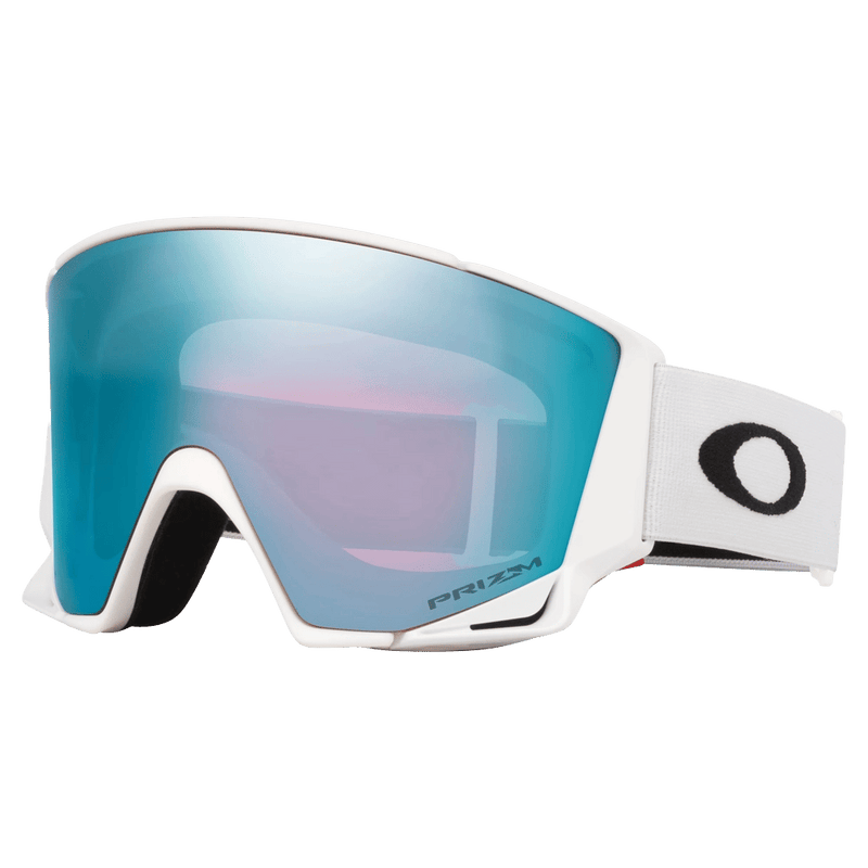 Main view of the Oakley Flow Scape XM Goggles in Matte White, Prizm Sapphire and Iced lens, unisex model