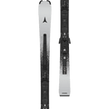Detailed view of the Atomic 2027 Redster Q7.8 Revoshock C Ski with MI 12 GW Binding, featuring a white topsheet with speckled black detail through the midsection, black logo at the tips, black bindings, and silvery-white branding.