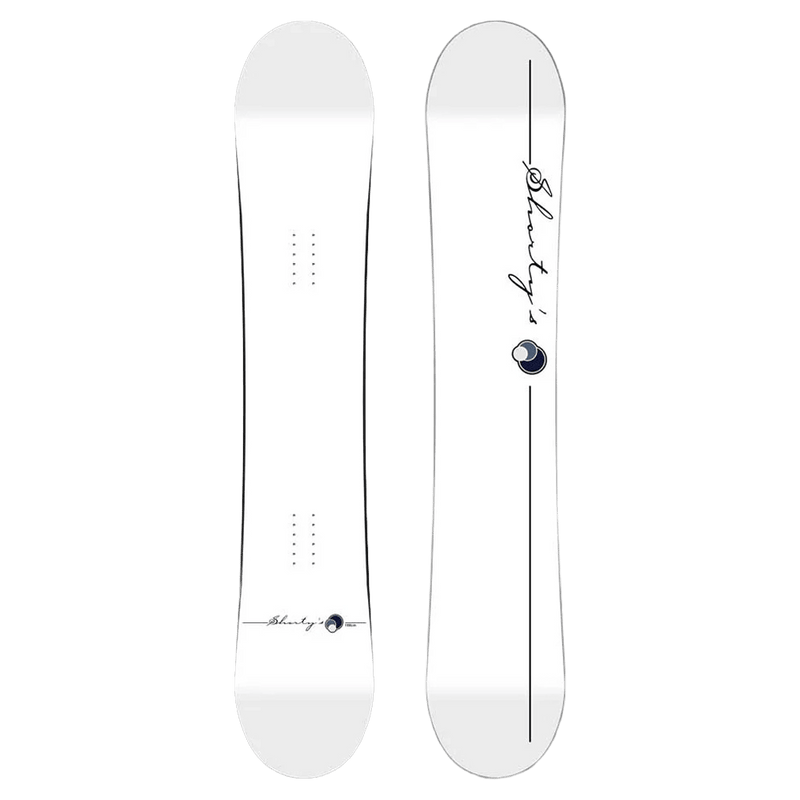 Shortys 2027 Script Snowboard in white with minimalist black script branding and circular logo on top and base.