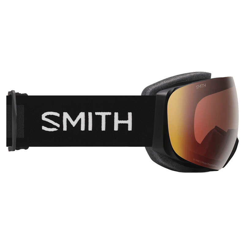 Side view of the Smith IO Mag S Goggles in Black, ChromaPop Pro Photochromic Red Mirror lens, unisex model