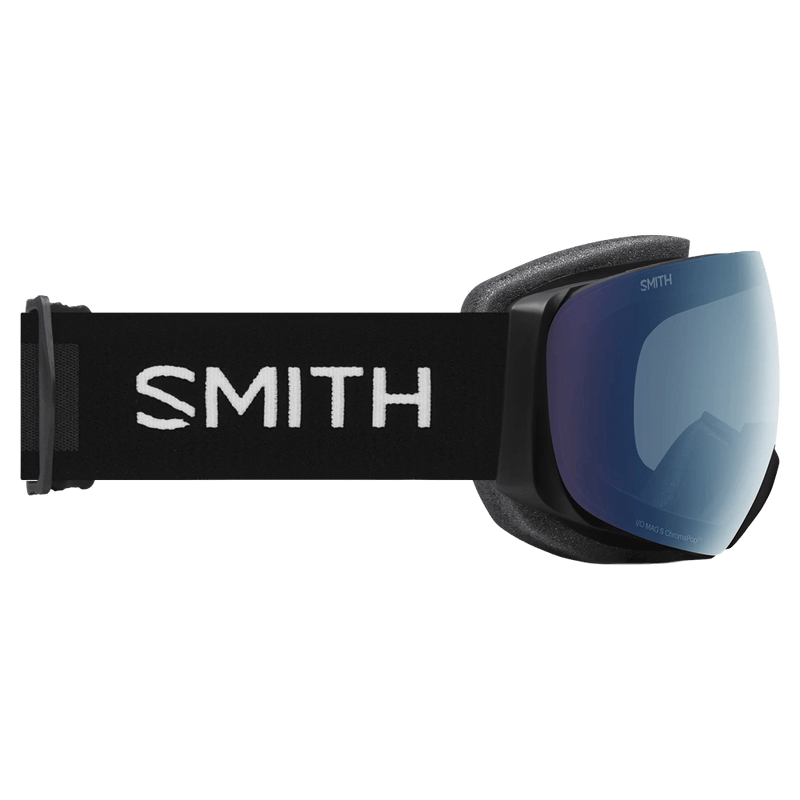 Side view of the Smith IO Mag S Goggles in Black, ChromaPop Everyday Blue Mirror lens, unisex model