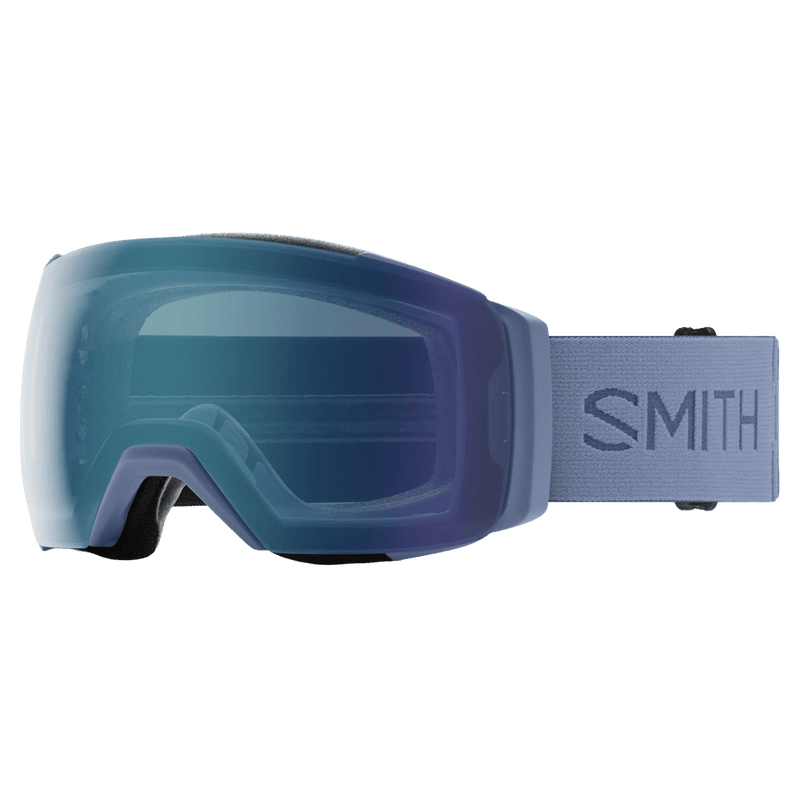 Main view of the Smith I/O Mag XL Low Bridge Goggles in Granite Blue, ChromaPop Everyday Blue Mirror lens, unisex model