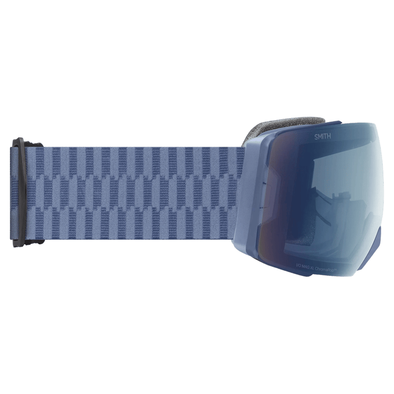 Side view of the Smith I/O Mag XL Low Bridge Goggles in Granite Blue, ChromaPop Everyday Blue Mirror lens, unisex model