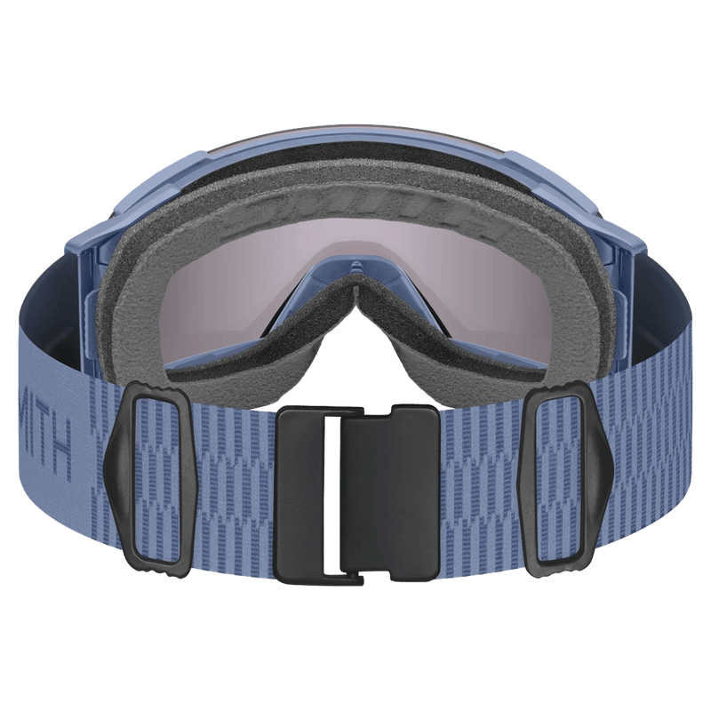 Back view of the Smith I/O Mag XL Low Bridge Goggles in Granite Blue, ChromaPop Everyday Blue Mirror lens, unisex model